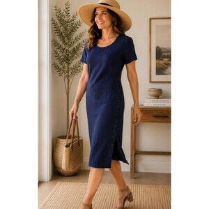 Taurus II Womens Petite 12P Navy Linen Blend Dress Side Button Detail